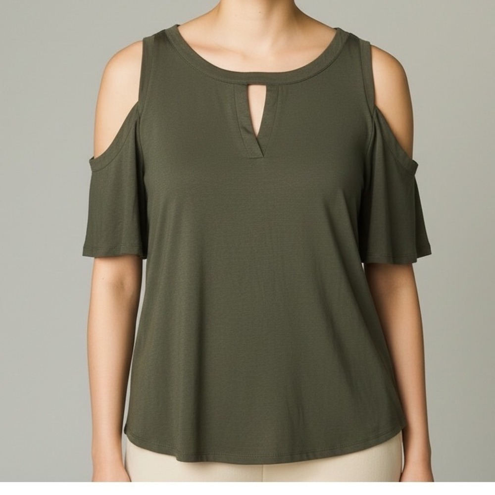 MICHAEL Michael Kors Cold Shoulder V Neck T Shirt Olive Green Size Large‎